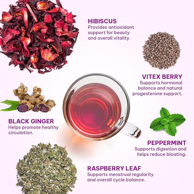 Hormone Balance Tea for Women – Raspberry Leaf, Dioscorea Persimilis, Hibiscus Tea Organic, Black Ginger for Menstrual Healthy Cycle Support, PMS & PCOS Support, Postpartum Recovery,90 Herbal Tea Bag