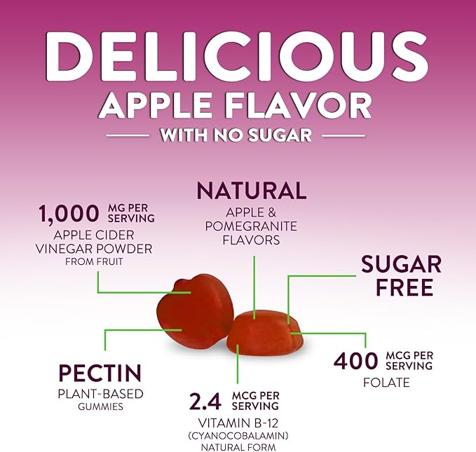 Apple Cider Vinegar Gummies for Weight Loss, Zero Sugar - Apple Cider Vinegar Powder 1000mg Per Serving - Vegan Apple Cider Vinegar Gummy for Detox & Cleanse - Sugar Free ACV Supplement - 60 Gummies