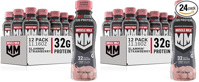 Muscle Milk Pro Advanced Nutrition Protein Shake, Slammin' Strawberry, 11.16 Fl Oz, 32g Protein, 1g Sugar, 16 Vitamins & Minerals, 5g Fiber, Bottled Liquid, Gluten Free, (Pack of 24)