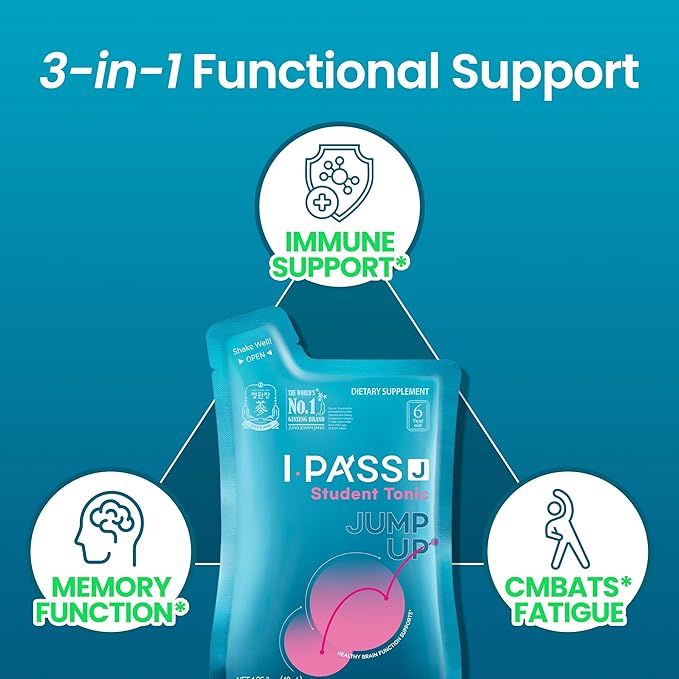 JungKwanJang i-Pass Junior Dietary Supplement- Korean Red Panax Ginseng Extract - Support Immune System, Memory Improvement and Concentration, Productivity - 30 Pouches
