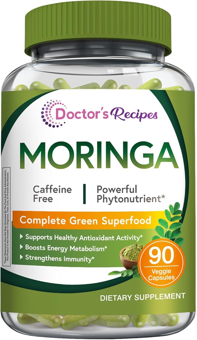 Doctor's Recipes Moringa, Complete Green Superfood, Natural Antioxidant Support, Non-GMO, 90 Vegan Caps, No Caffeine Soy Gluten
