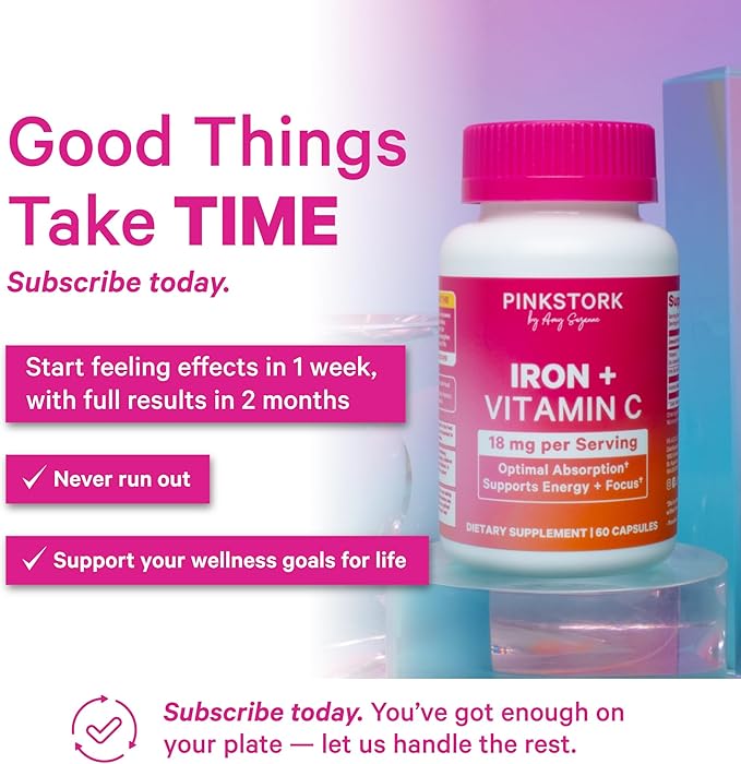 Pink Stork Iron for Women – 18 mg Non-Constipating Iron Bisglycinate + Vitamin C for Optimal Absorption – Energy, Focus, & Oxygen Supply – PMS, Pregnancy, Postpartum & Perimenopause - 60 Capsules