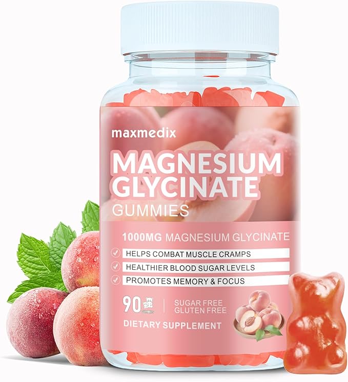 Magnesium Glycinate Gummies 1000mg, Sugar Free Magnesium Potassium Supplements Chewable for Adults with L-Threonate for Sleep, Body Support and Relaxation,90 Peach Gummies