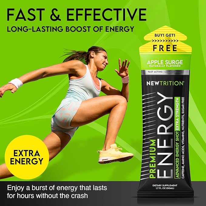 NewTrition® Extra Strength Energy Shots, 1.7 fl oz - 250mg Caffeine with Vitamin B & Amino Acids, Sugar-Free, Zero Calorie Vitamin Energy Drink for Focus & Endurance (Pack of 6, Apple Surge)