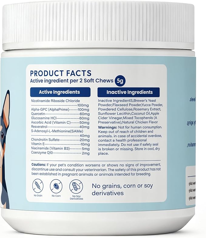 NAD+ Precursor & Senior Dog Multivitamin Supplement, 90 NMN Supplements for Longevity, Anti-Aging & Energy, Dog Daily Support Vitamins Chews for Hip & Joints, Skin & Coat, Chicken