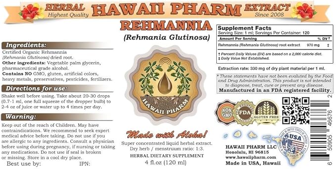Hawaii Pharm Rehmannia Liquid Extract, Tincture, Herbal Supplement, Made in USA, 2x4 fl.oz
