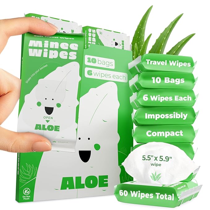 Impossibly Compact Travel Wipes - 99.5% Water - Safe for Sensitive Skin & Hypoallergenic, Resealable, Thick & Durable - For Adults, Kids & Baby Care - Aloe, 10 Pack Total 60 Wipes