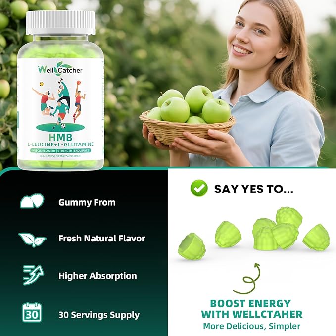 HMB and Leucine Amino Acid Gummies: HMB Supplements for Men Women with L-Glutamine for Muscle Growth Fast Workout Recovery, Sugar Free Vegan Non-GMO Green Apple Flavored 30 Day Supply