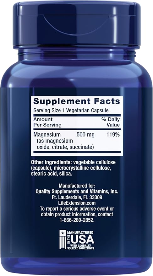 Life Extension Magnesium Caps, 500 mg, Magnesium Oxide, Citrate, and Succinate, Heart Health, Healthy Bones, Metabolism Support, 100 Vegetarian Capsules