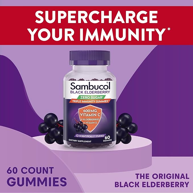 Sambucol Black Elderberry Zero Sugar Triple Immunity Gummies - Daily Vitamin C & Vitamin D, Sugar Free Black Elderberry Gummies for Adults and Kids, Chewable Berry Supplement - 60 Count