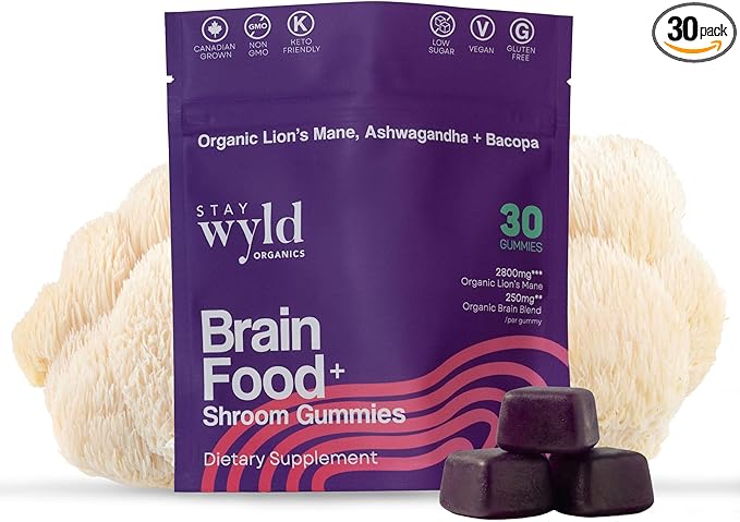 Stay Wyld Organics Brain Food+ Mushroom Gummies, 30 Servings, Organic Lion's Mane, Ashwagandha & Bacopa Gummies for Brain Health & Focus - Gluten-Free & Vegan Shroom, Lions Mane Mushroom Supplement