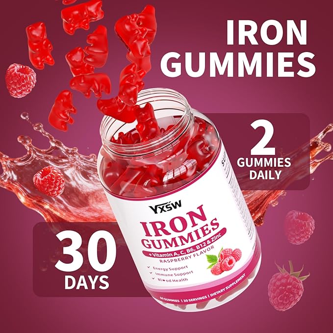 Iron Gummies for Women & Men, Vegan Iron Supplement Gummies with Vitamin C, A, B-Complex, Folate, Zinc- for Immune Health & Energy Support, Raspberry Flavor, 60 Count