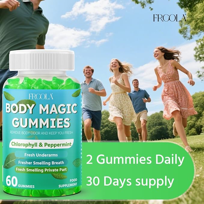 Body Magic Gummies, Chlorophyll Supplement with Peppermint & Chlorella - 60 Gummies, Lychee Flavor, Plant-Based Pectin, Supports Overall Wellness & Freshness