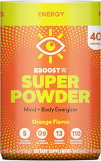 EBOOST Energy Drink & Electrolyte Powder Drink Mix - Super Powder Orange with No Added Sugar, Blend of Vitamins, Nootropics, Natural Caffeine & Hydration - Pre & Post Workout - 40 Serving Tub