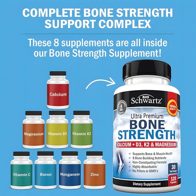 BioSchwartz Bone Strength Supplement - Gentle Non-Constipating Bone Health Supplement for Women & Men with 9-in-1 Complex with Calcium Magnesium Zinc D3 K2 & More - 3rd Party Tested - 1 Month