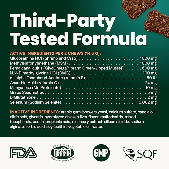 VetriScience Extra Strength Healthy Hip & Joint Chews, GlycoFlex Glucosamine and Green-Lipped Mussel Joint Support Supplement for Dogs, Promote Mobility and Soothe Joint Discomfort, Chicken, 120 Count