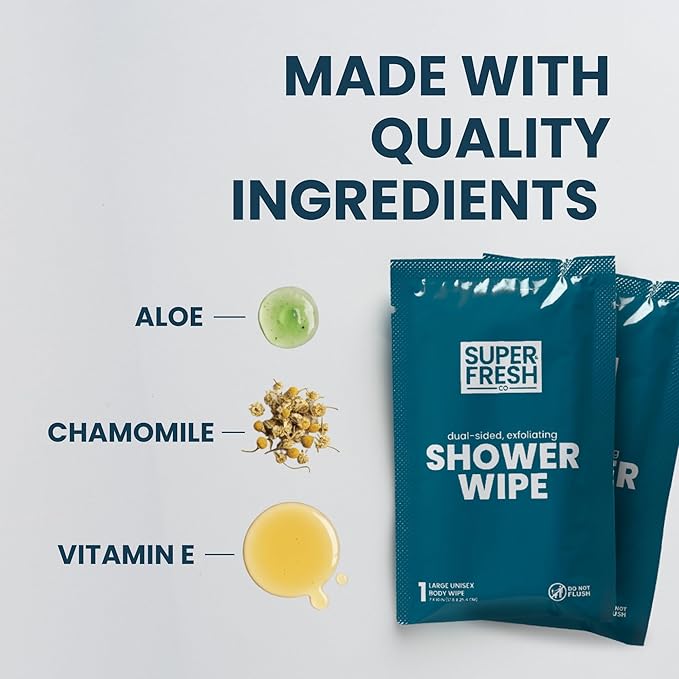 Super Fresh Shower Wipes Large Unscented Body Wipes for No Rinse Bathing Personal Hygiene Gym Travel or Camping Enriched with Aloe and Vitamin E 20 Individually Wrapped Disposable Sheets