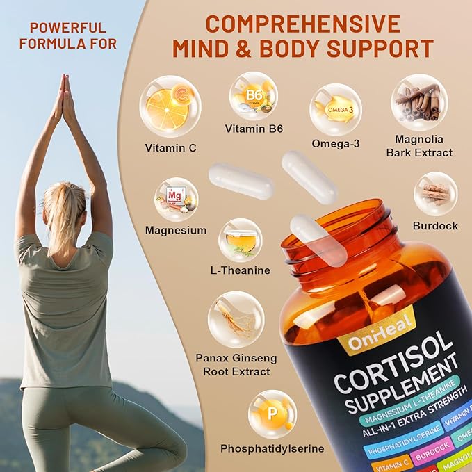 Cortisol Supplement with Aspalathus Linariifolius, Magnesium, L-Theanine - for Men and Women - Stress Relief, Sleep Support, Detoxification, Reduction & Control - 120 Capsules