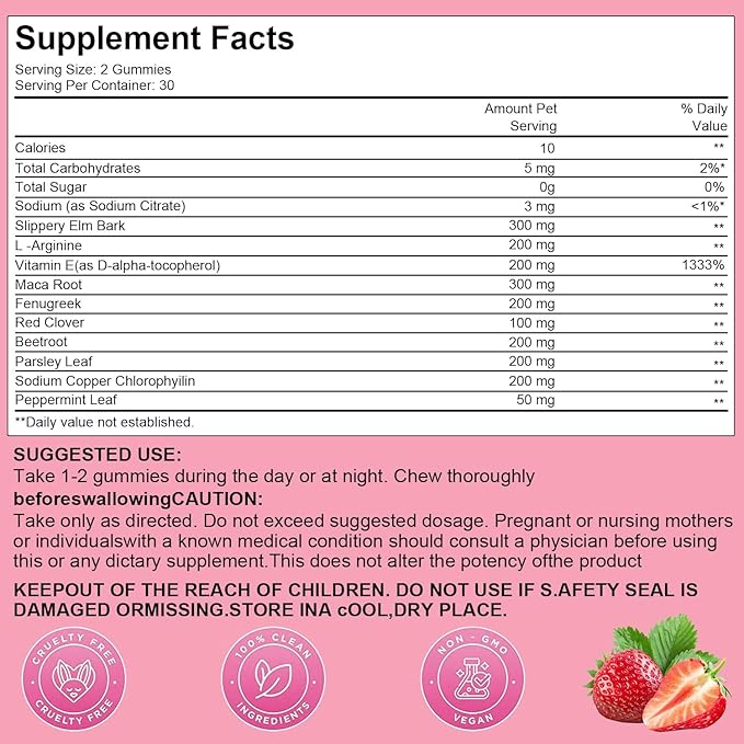Pheromone Gummies for Women, Feminine Balance Gummies, Strawberry Flavor, Vegan, Gluten Free, Burgundy, 60 Gummies