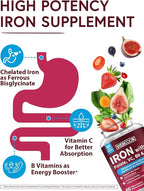 Iron Supplement for Women & Men, Iron Bisglycinate with Vitamin C, B6, B12, Folate, Stomach Friendly, Non-Constipating, Blood Health & Energy Boost, 60 Vegan Caps