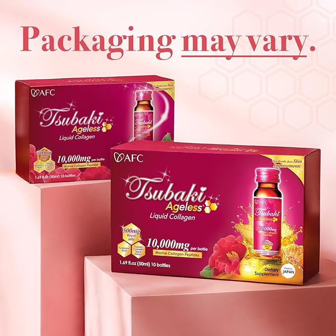 AFC Japan Tsubaki Ageless Liquid Collagen Drink for Women | 10,000mg Marine Collagen Peptides, 500mg Royal Jelly, Hyaluronic Acid | Supports Skin Hydration & Elasticity 1.69 fl.oz x 10 Bottles (3Pack)