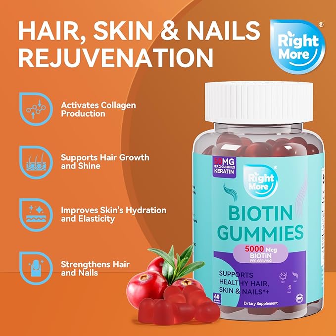Biotin Gummies 5000mcg, Hair Skin & Nails Vitamins for Women& Men, Non-GMO, Gluten-Free, Vegetarian Chewable B7 Supplement for Hair Growth, Soluble Keratin 50 Mg Per Seving,60 Gummies