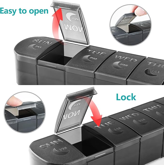 FHORAIN XL AM PM Pill Organizer 2 Times a Day, Fade Resistant Extra Large Weekly Pill Box 7 Day, Double-Sided 14 Compartments for Vitamins, Fish Oil, Supplements & Gummies (Black)