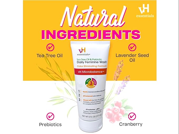 vH essentials Intimate Feminine Wash, pH Balanced with Tea Tree Oil, Cranberry, Prebiotics Odor Eliminating Formula, 6 FL OZ - 3 Pack