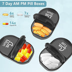 Serfeymi Weekly Pill Organizer 2 Times a Day Travel Medicine Pill Organizer AM PM Pill Box 7 Day with Protection Pill Case Daily Medication Organizer for Vitamins, Fish Oil-Black Case+Black Pill Box
