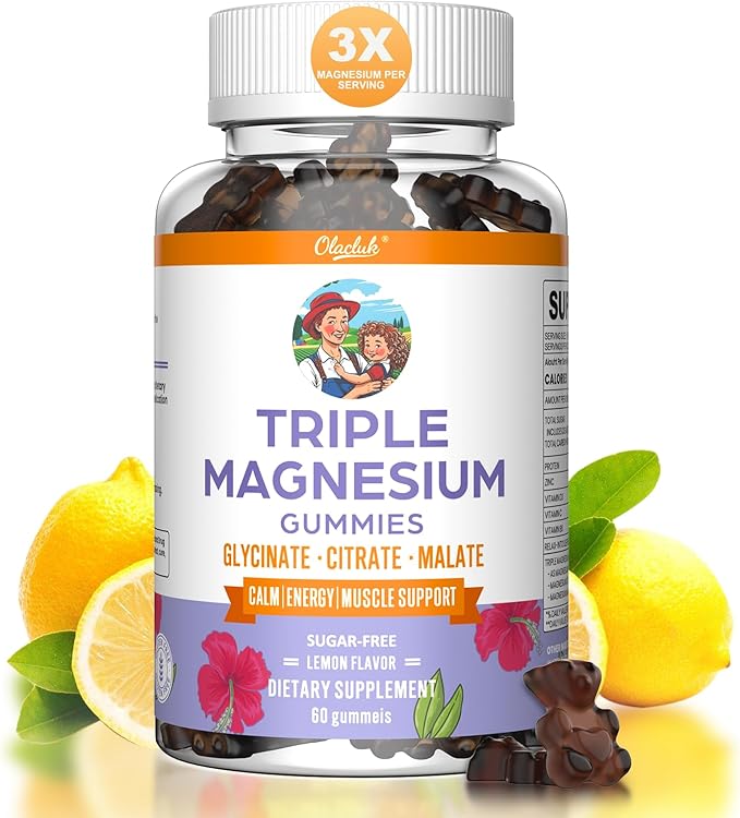 Magnesium Glycinate Gummies 200mg, Triple Magnesium Citrate Sleep Gummies for Adults & Kids, Sugar Free, Supplement for Stress Relief, Lemon Flavor, 60 Count