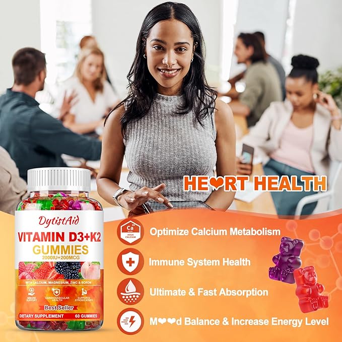 Vitamin D3 + K2 Gummies 2000 IU with Calcium + K2 (MK-7), Magnesium Citrate, Vitamin C, Zinc & Boron – Bone, Heart & Immune Support – Vegan, Non-GMO, Gelatin-Free, Sugar-Free Supplement, 120 Gummies