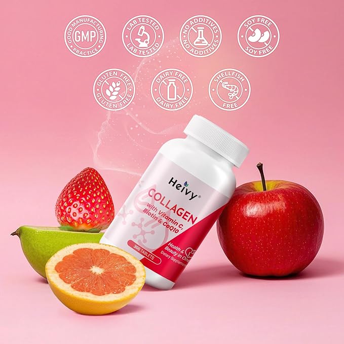 Heivy Natural Collagen 5000 mg with Vitamin C, Biotin and CoQ10,Hydrolyzed Collagen Peptides Supportment for Women & Men, Multi Collagen Pill for Hair, Skin, Nails, Joint, Grass Fed, 300 Tablets