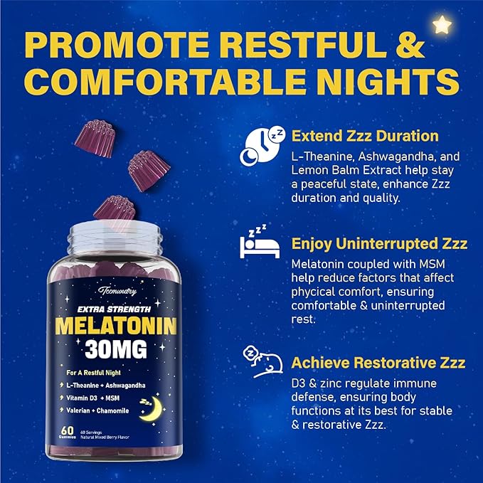 Melatonin Gummies 30mg for Adults: Maximum Strength Melatonin Supplement with L-Theanine, Ashwagandha, MSM, Vitamin D3 & Zinc - Non-Habit Forming, Natural Mixed Berry Flavor 60 Count (Pack of 2)