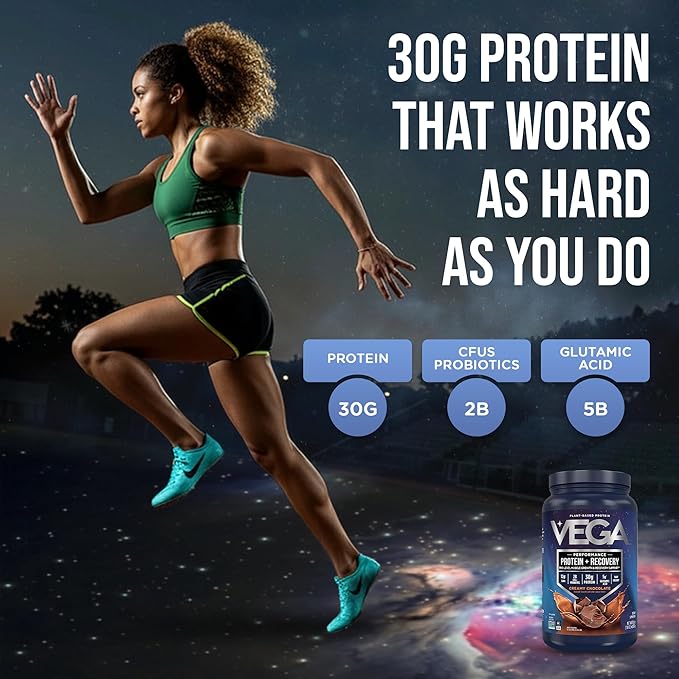 Vega Sport Vegan Protein Powder + Recovery - 30g Plant Based Protein per Serving, Chocolate, 19 Servings, 5g BCAAs, Probiotics, NSF Certified, for Shakes & Smoothies, 1.8lbs (Packaging May Vary)