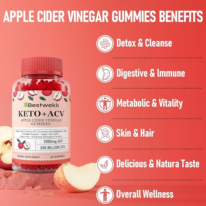 Apple Cider Vinegar Gummies, Max Strength 2000mg ACV Gummy with Probiotics, B12 and Keto Support, For Digestion, Metabolism, Detox, Gut & Immune Health, Gelatin-Free, Non-GMO, 240 keto acv gummies