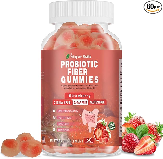 Probiotic Fiber Gummies for Adults, No Sugar Added Strawberry Flavor– 120 Billion CFUs –Vitamin C,Vitamin D–Digestive Health & Regularity Support(60 Count)