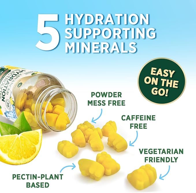 Hydration Electrolyte Gummies - Daily Liquid Replenisher Gummy - Electrolyte Multiplier with Minerals, Potassium & Real Salt - Vegan, Non-GMO - Tasty Lemon Flavor Hydration Electrolytes - 60 Gummies