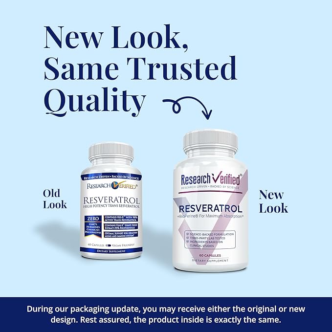 Research Verified Resveratrol - 98% Trans-Resveratrol 1000 mg, Anti-Aging Support - 60 Capsules per Bottle - 6 Bottles