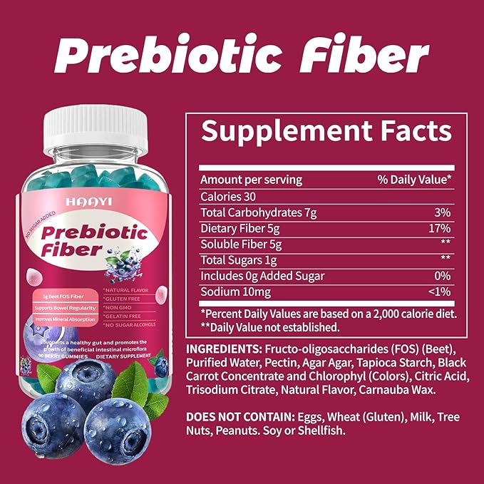 Prebiotic Fiber Supplement Gummies for Adults & Kids 5g beet FOS fiber- Gut Health & Digestive &Mineral Absorption,Soluble Fiber Supplement Gummies - Zero Sugar Added, Vegan, Gluten-Free -90 Count