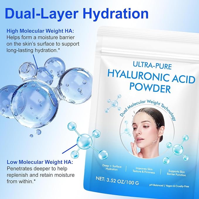 Hyaluronic Acid Serum Powder for Skin,Low and High Molecular Weight,Cosmetics Grade Skin Hydration and Moisture Support Supplements - Vegan, Water Soluble 100 Grams