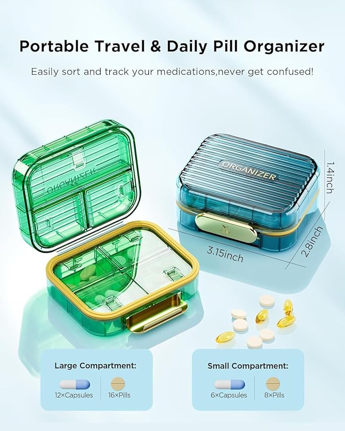 Small Pill Box, Acedada Travel Pill Case for Purse, Portable 7 Compartments Daily Pill Organizer, Compact Medicine Vitamin Container for Fish Oil & Supplements, Light Green