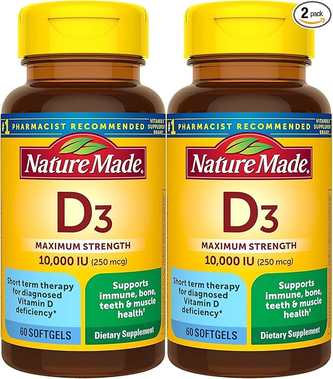 Nature Made Maximum Strength Vitamin D3 10000 IU (250 mcg), Dietary Supplement for Bone, Teeth, Muscle and Immune Health Support, 60 Softgels, 60 Day Supply - Pack of 2