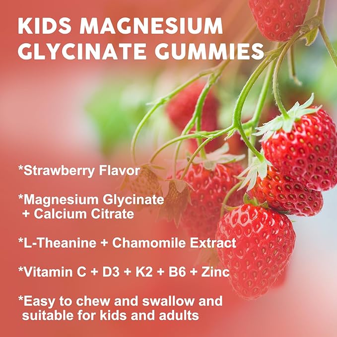 Magnesium Glycinate Gummies for Kids & Adults - Relaxation & Cognition Support - 400/200mg Magnesium Supplement with L-Theanine, B6, D3 & K2 - Vegan, Sugar Free, Strawberry Flavor, 60 Ct (2Pack)