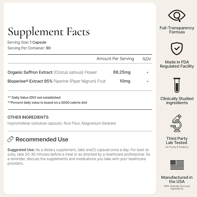 Natural Appetite Suppressant for Weight Loss – Organic Saffron Extract with BioPerine® for Enhanced Absorption – Supports Energy & Mood (90 Capsules)