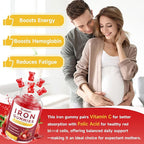 Vegan Iron Gummies for Women & Men, Iron Supplement with B-Complex, Vitamin C, A, Folate for Adults & Kids - Blood Builder & Energy Support & Immune Health - Strawberry Flavor, 120 Gummies