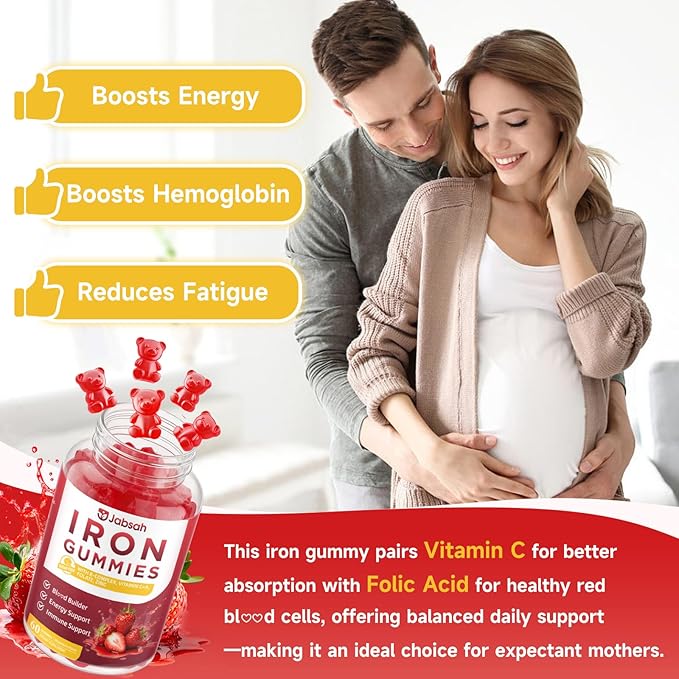 Vegan Iron Gummies for Women & Men, Iron Supplement with B-Complex, Vitamin C, A, Folate for Adults & Kids - Blood Builder & Energy Support & Immune Health - Strawberry Flavor, 60 Gummies