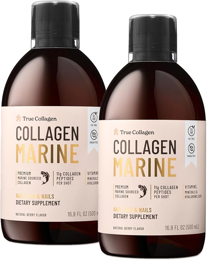True Collagen Marine | 11,000 mg Hydrolyzed Collagen Liquid Supplement - 2 x 500 ml (1,000 ml), 40 Day Supply | Hyaluronic Acid, Biotin and Vitamin C for Healthy Hair, Skin and Nails | Sugar-Free