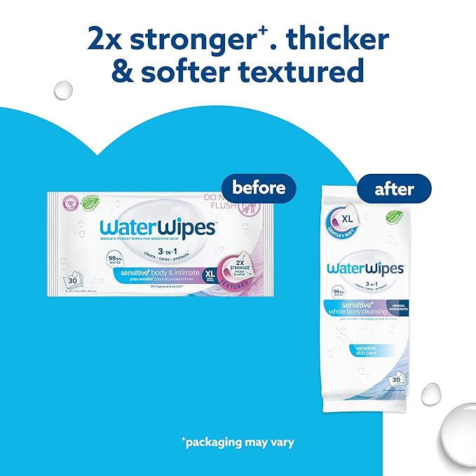 WaterWipes Sensitive Whole Body Cleansing Wipes, 99.9% Purified Water, XL Textured Wipes, Incontinence Care, Fragrance Free, 360 Count (12 Packs)