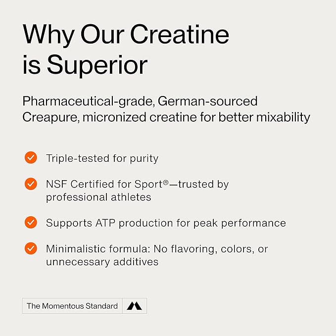 Momentous Creatine Lemon Monohydrate Powder - Creatine Powder - Supports Strength, Lean Muscle, & Recovery for Men & Women - NSF Certified for Sport - 6.49 g per Serving - 15 Servings