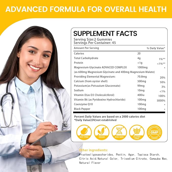 Magnesium Glycinate Gummies 1000mg, High Absorption Sugar Free Magnesium Potassium Supplement for Relaxation, Stress Relief, and Sleep Support for Adults & Kids - 180 Pineapple Gummies